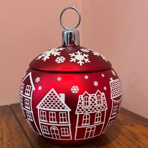 Red Holiday Ornament Shaped Jar with Snowflake and House Design